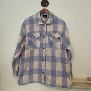 HFX Plaid Oversized Shirt Women's Size Medium‎ White Blue Long Sleeve Shacket
